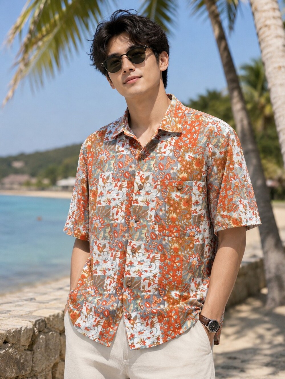 Vintage Aloha Shirt  Orange Patchwork Floral Short-Sleeve Button-Down Shirt